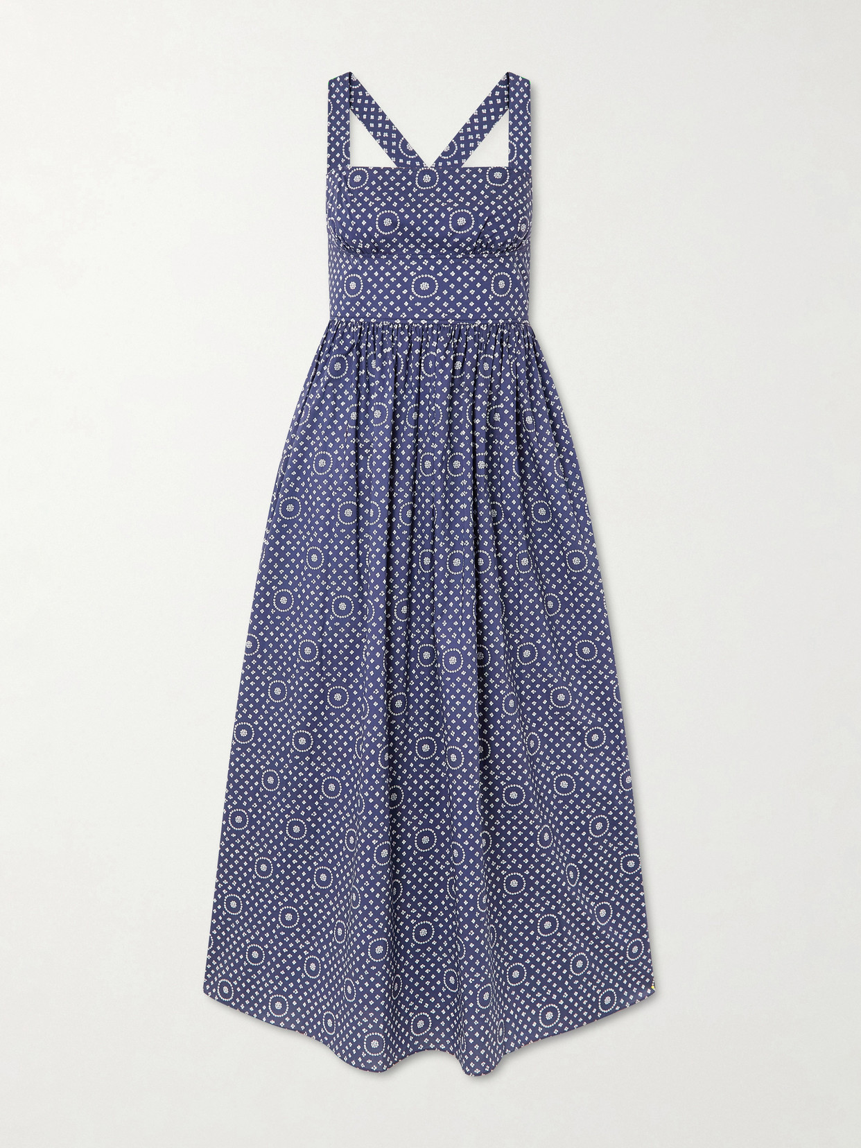 Matteau Gathered Printed Organic Cotton Midi Dress In Blue
