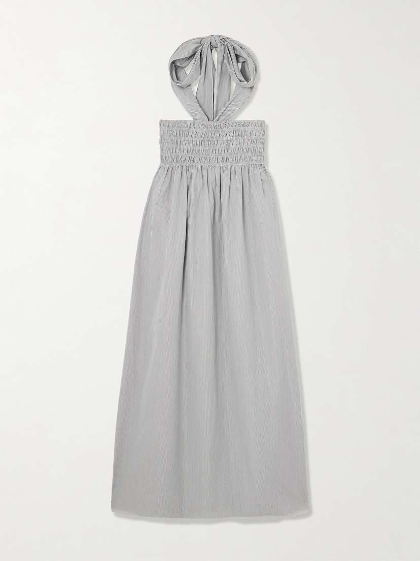 Maria McManus Smocked Pinstriped Poplin Halterneck Midi Dress