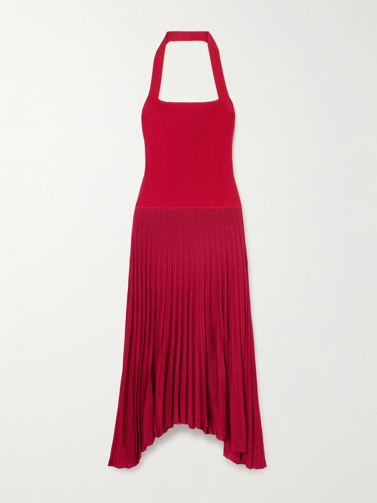 Maria Mcmanus Ribbed Stretch-knit And Plissé Halterneck Maxi Dress In Red