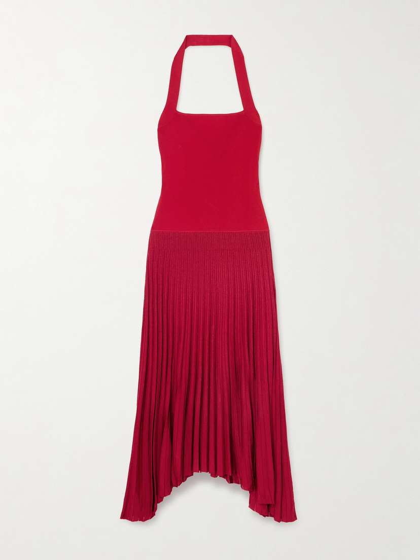 Maria McManus Ribbed Stretch-knit And Plissé Halterneck Maxi Dress
