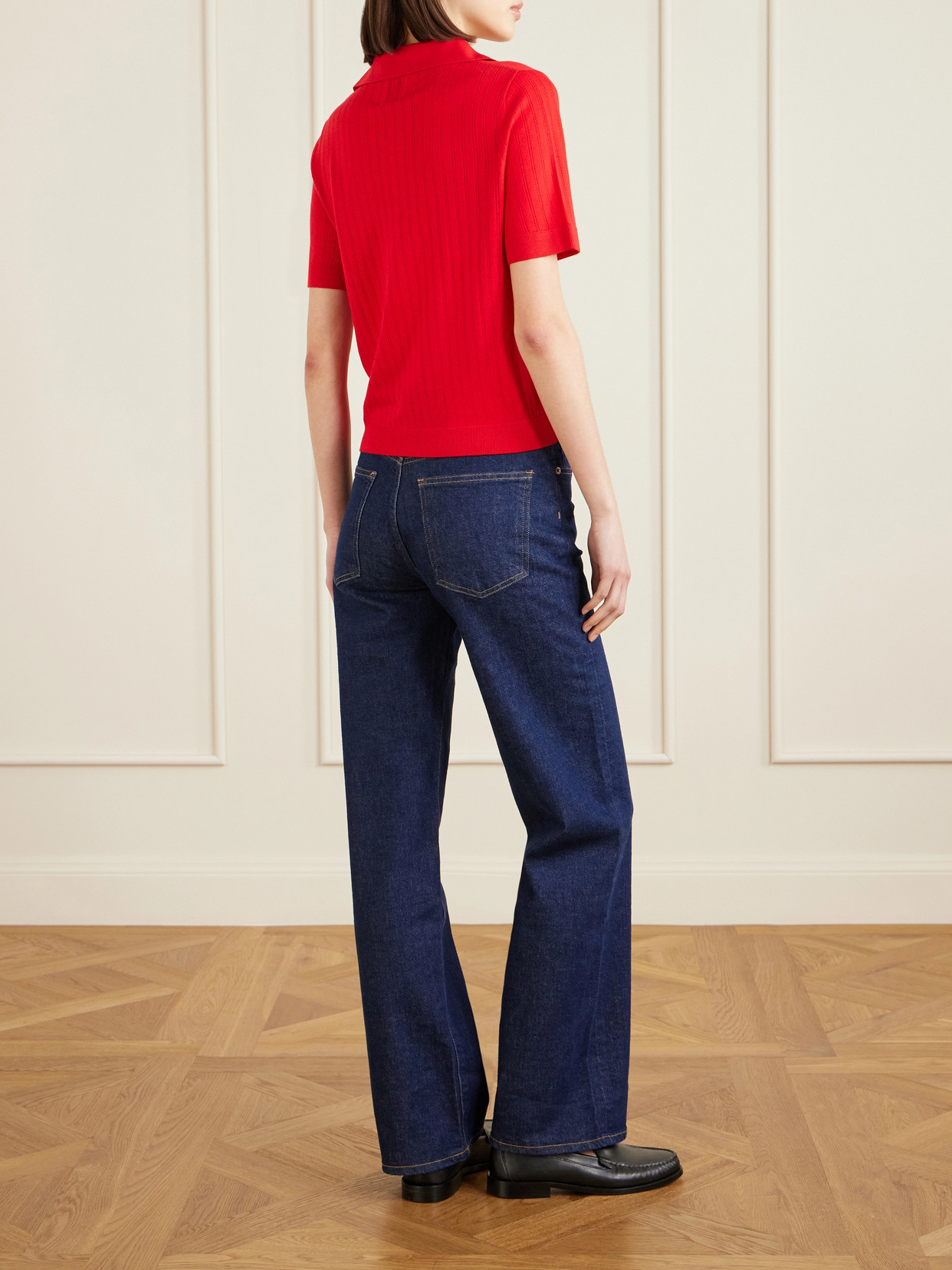 Pointelle-Knit Wool Polo Top