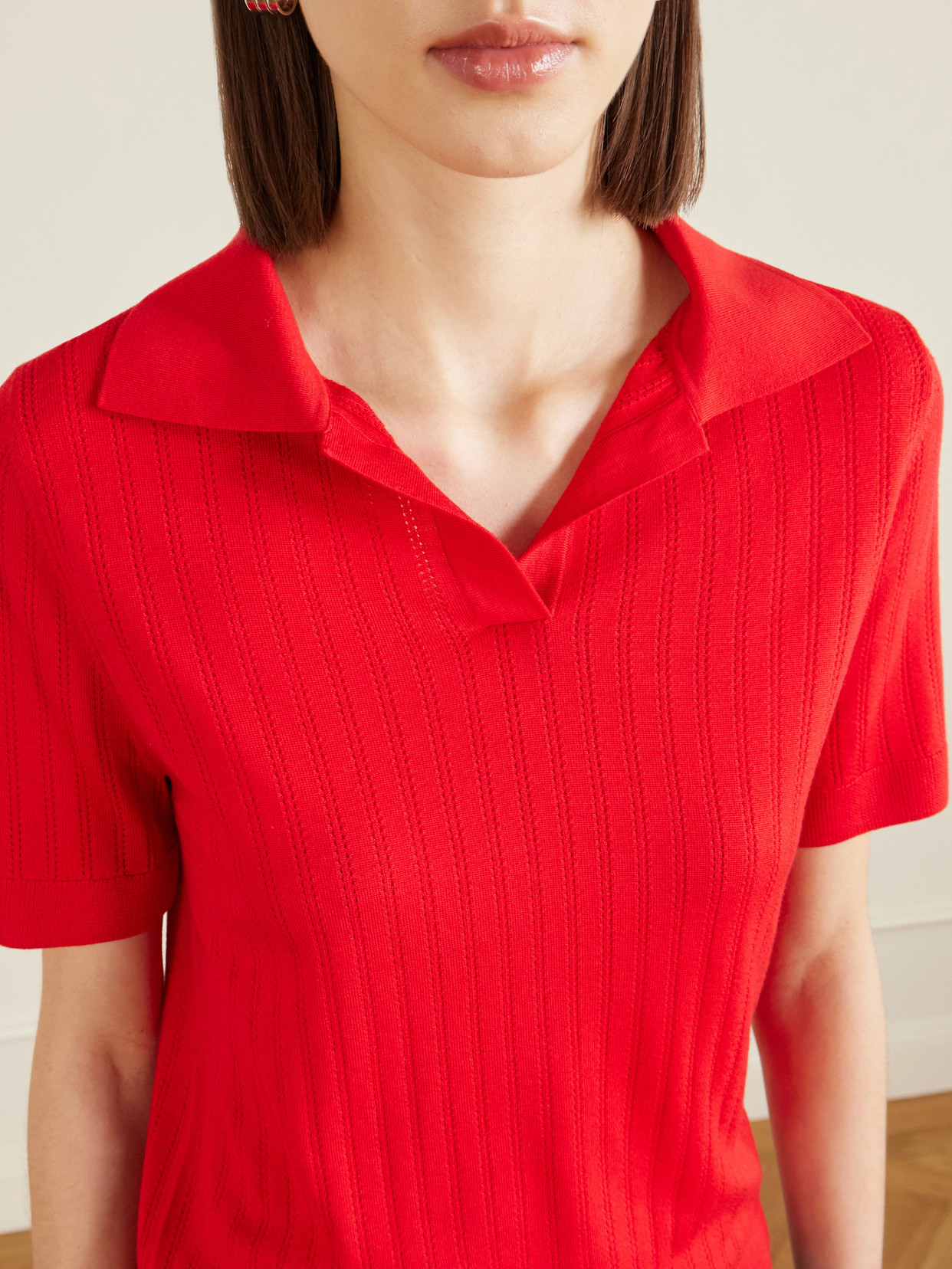Pointelle-Knit Wool Polo Top