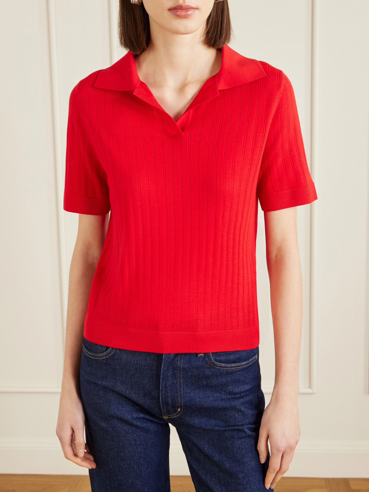Pointelle-Knit Wool Polo Top