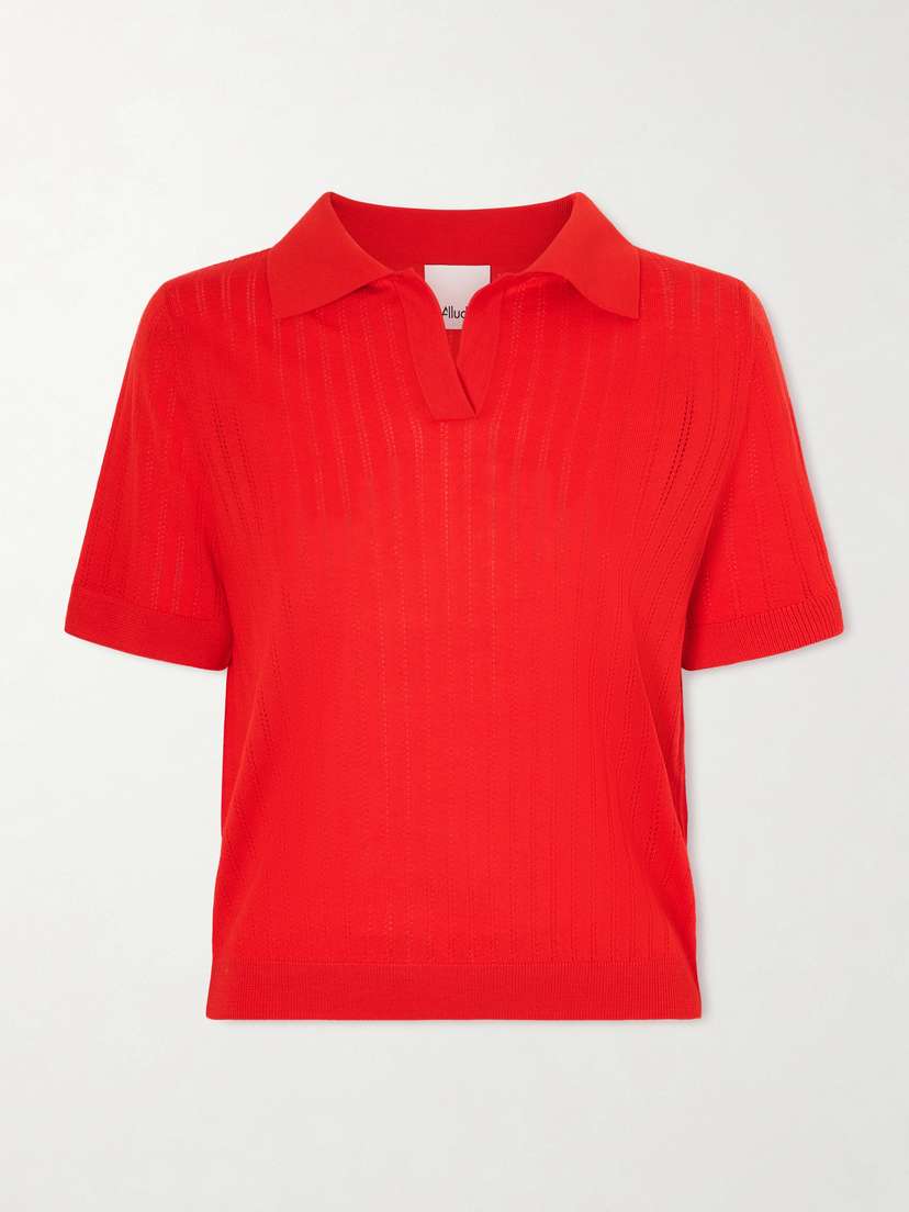 Allude Pointelle-knit Wool Polo Top