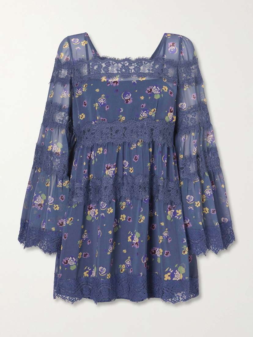ANNA SUI Pleated Floral-print Lace-trimmed Chiffon Mini Dress