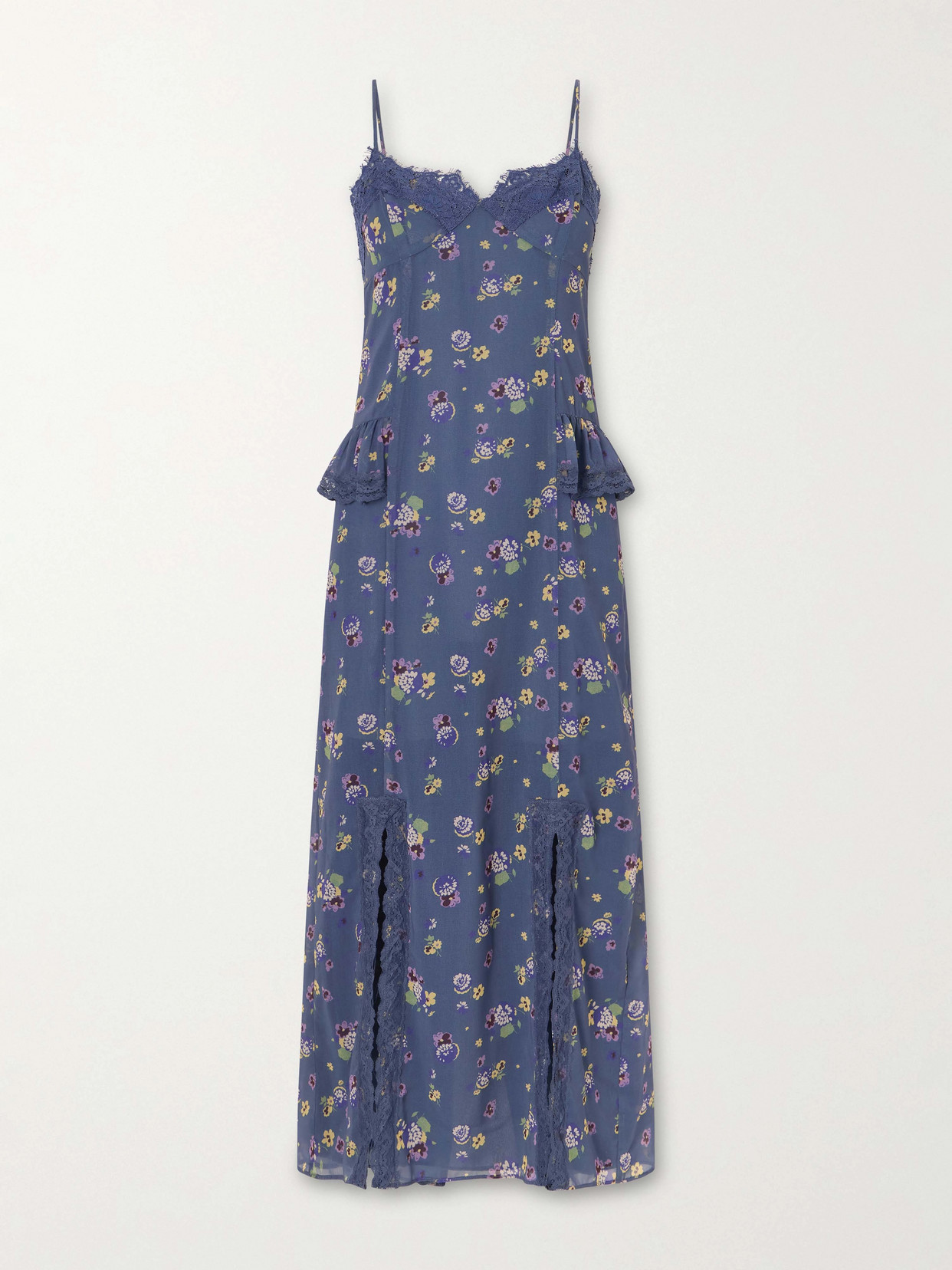 Anna Sui Night Blooming Floral-print Lace-trimmed Chiffon Midi Dress In Gold