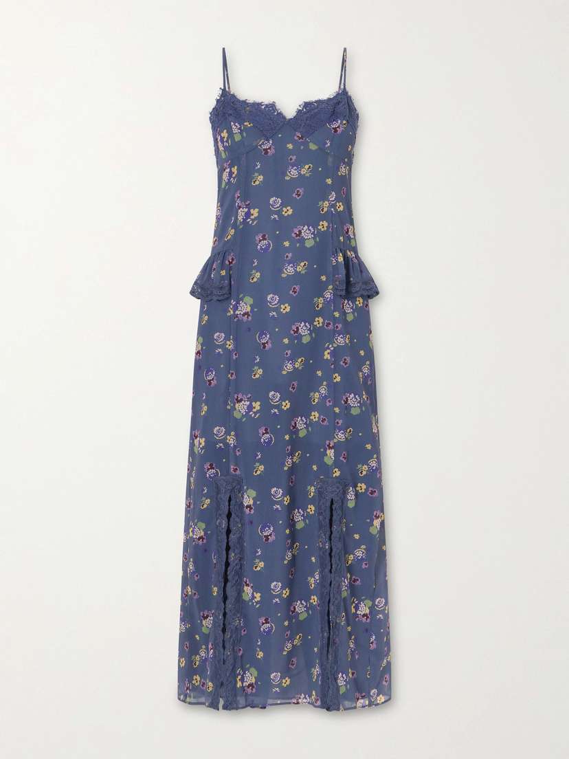 ANNA SUI Night Blooming Floral-print Lace-trimmed Chiffon Midi Dress