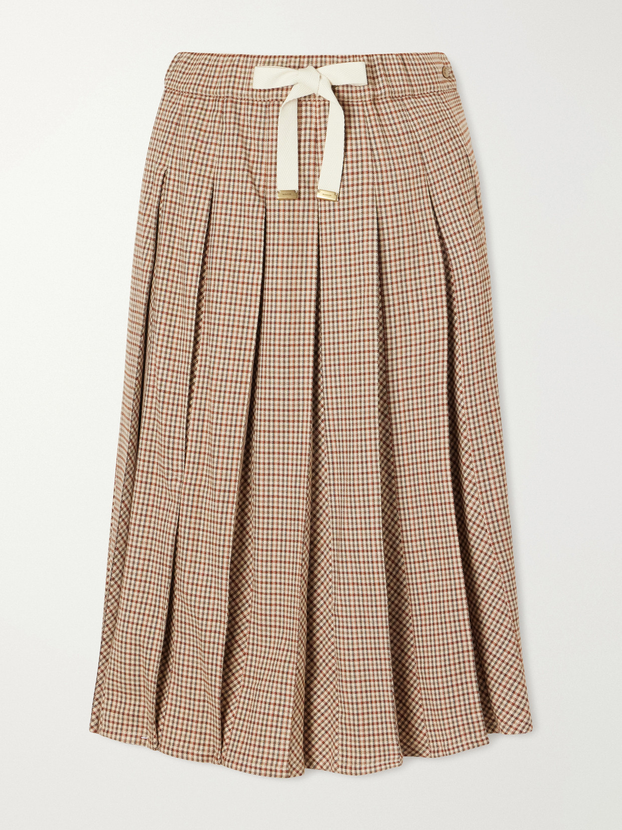 Moncler Pleated Checked Wool-blend Midi Skirt In Brown