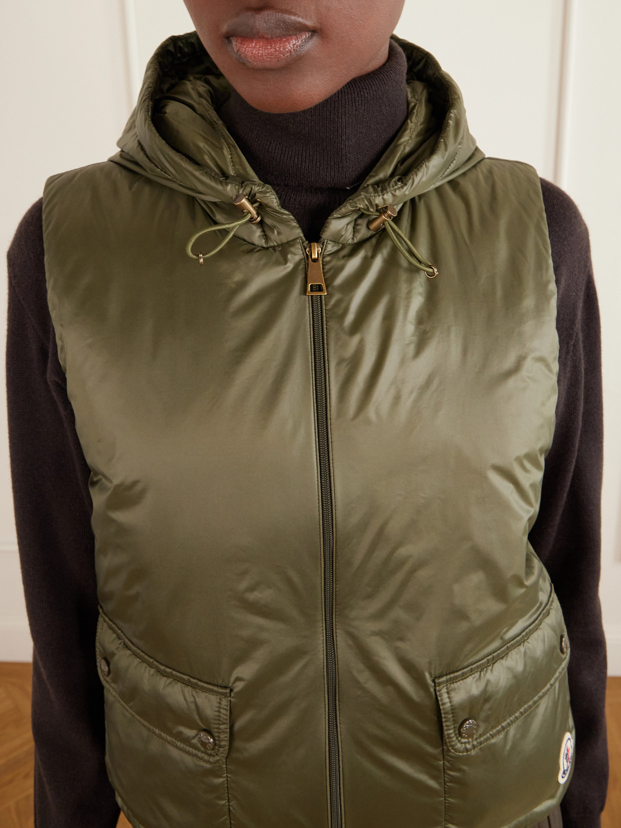 Moncler Lansette Hooded Shell Vest In Green