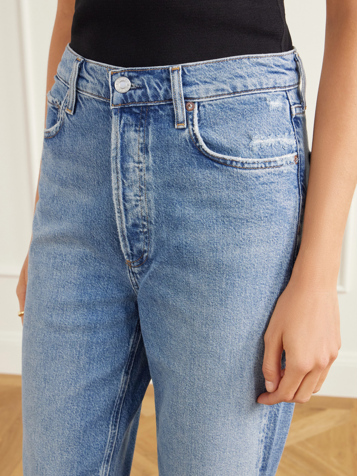 '90S Pinch Waist Cropped Distressed Mid-Rise Straight-Leg Jeans