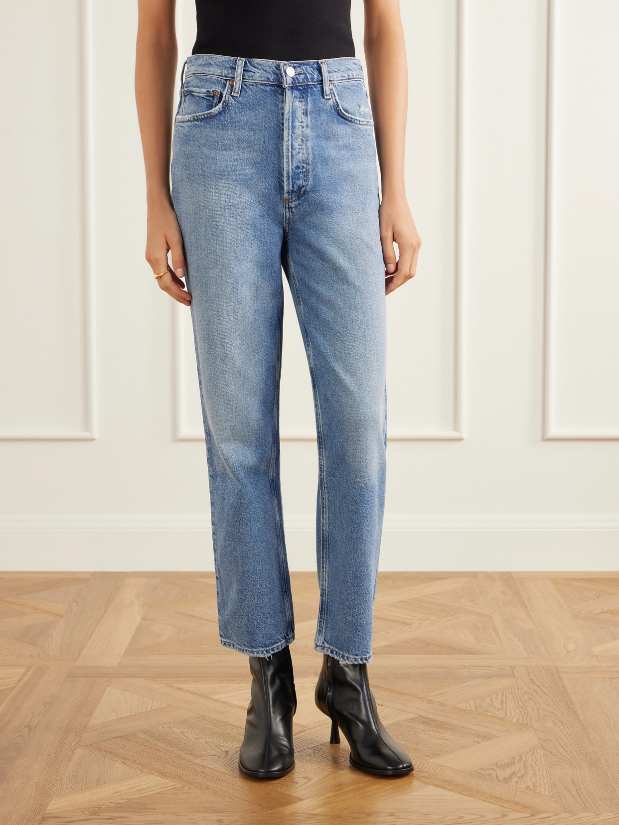 '90S Pinch Waist Cropped Distressed Mid-Rise Straight-Leg Jeans