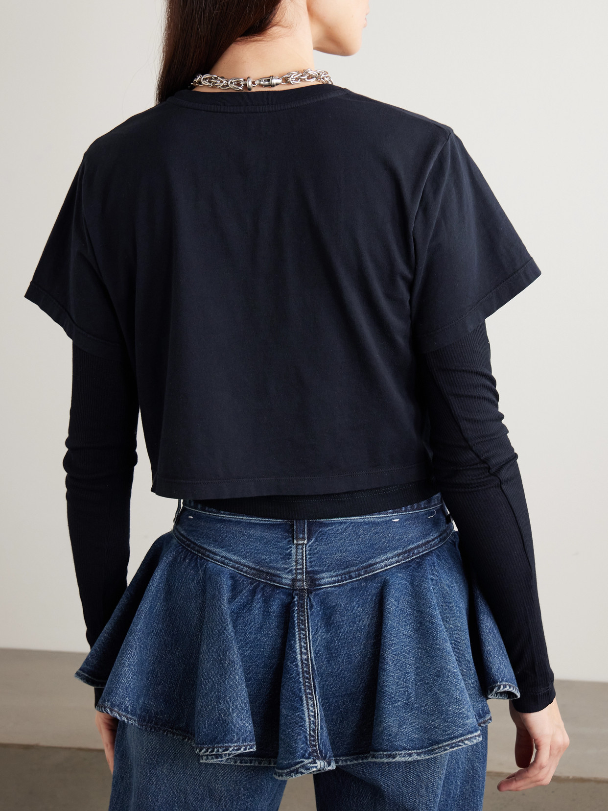 Cropped Layered Ribbed Organic Cotton-Jersey T-Shirt