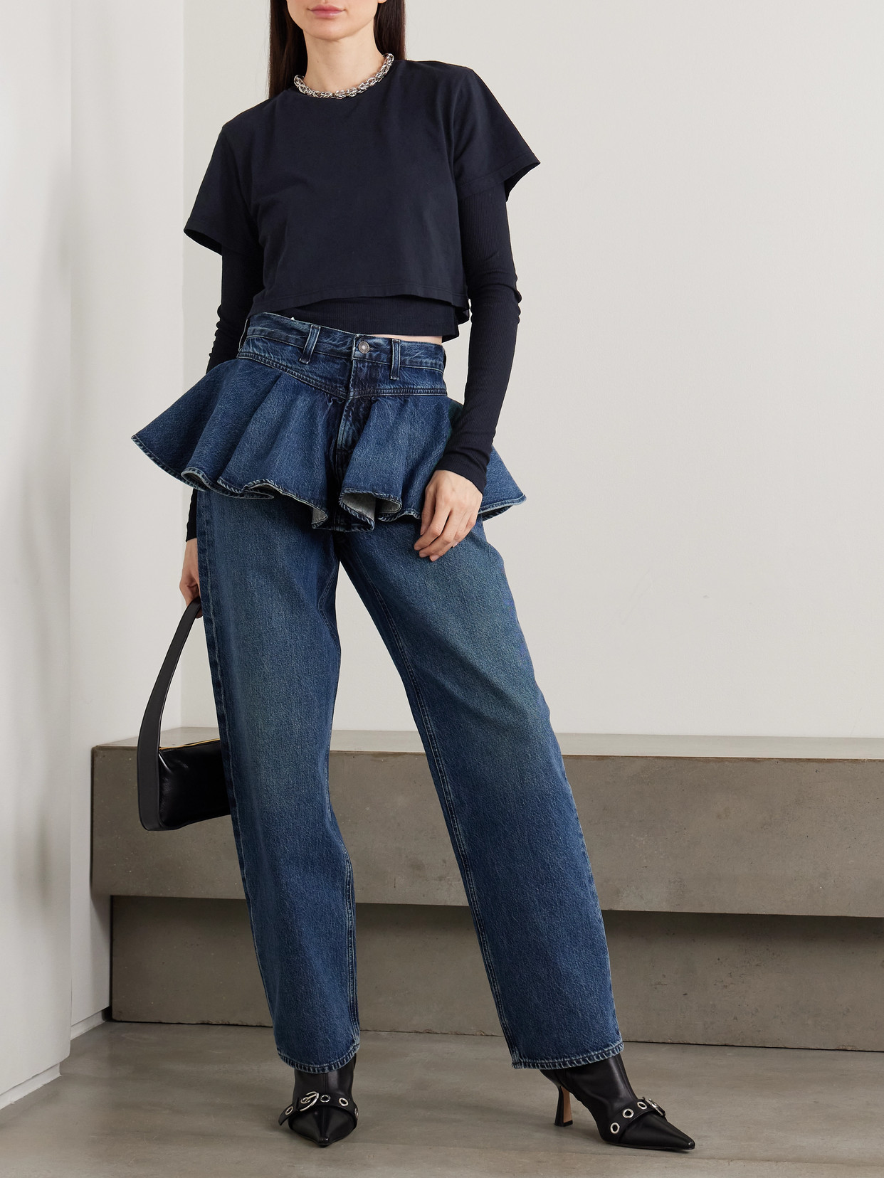 Cropped Layered Ribbed Organic Cotton-Jersey T-Shirt