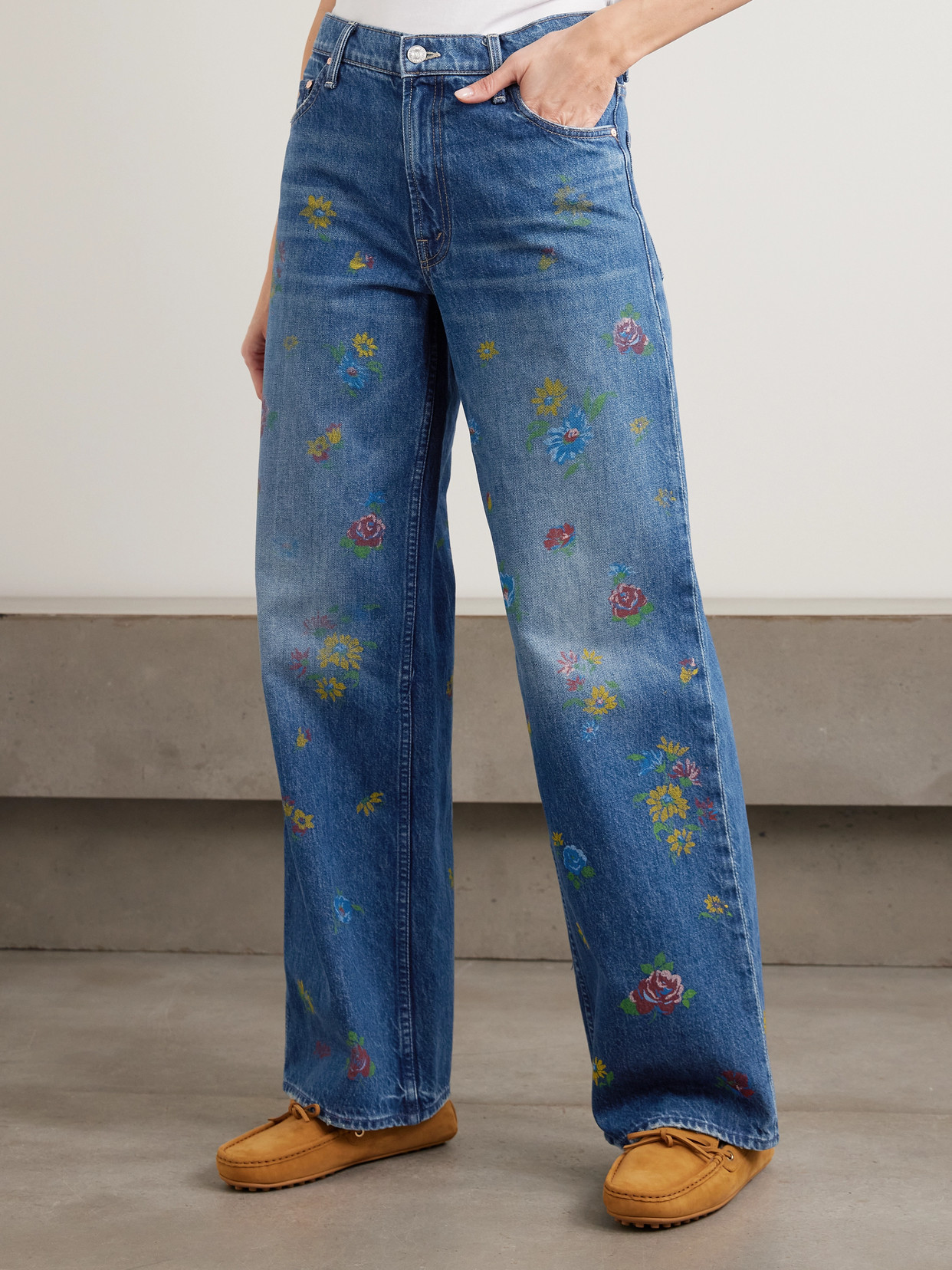 Mother Lil Rerun Zip Sneak High Rise Wide Leg Jeans In Field Of Flowers In Blue