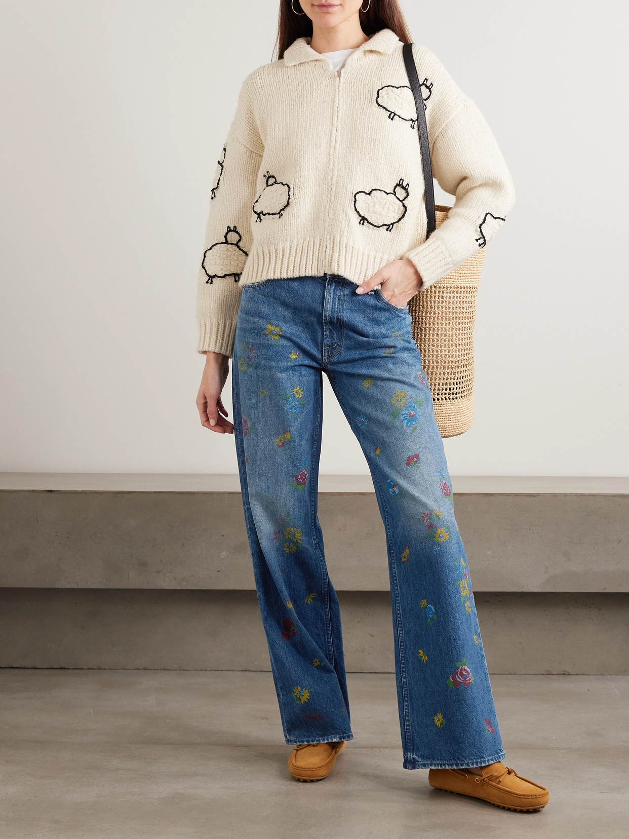 Mother Lil Rerun Zip Sneak High Rise Wide Leg Jeans In Field Of Flowers In Blue