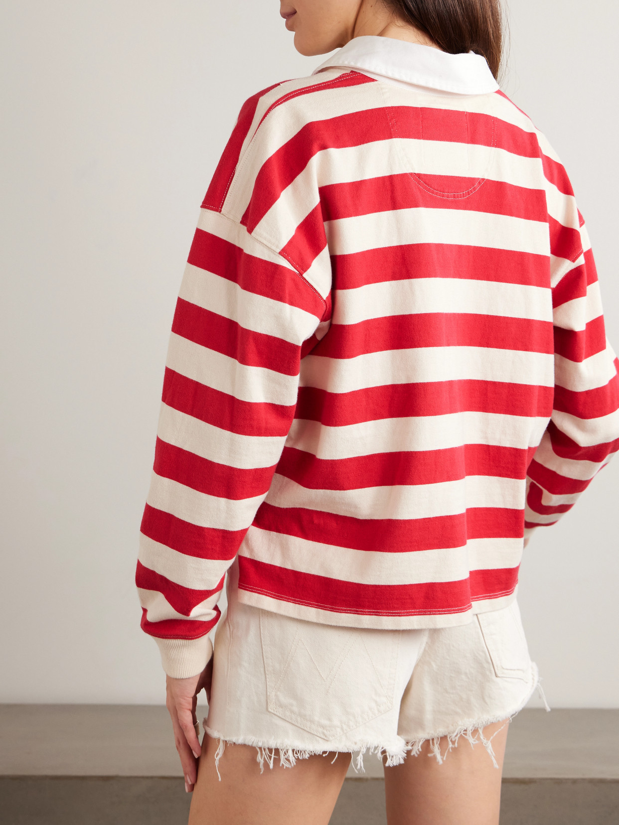 Mother Womens Tango Red And Cream The Boxy Match Cotton Polo Top