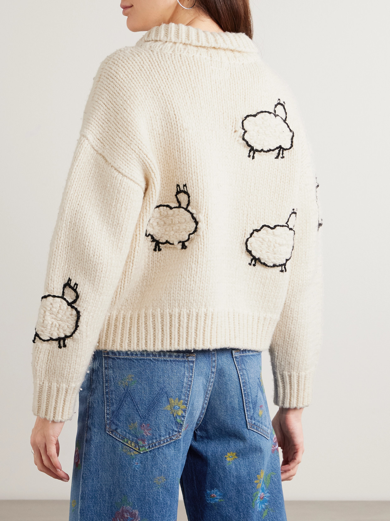 Mother The Crop Racquette Embroidered Wool And Cotton-blend Cardigan In Neutral