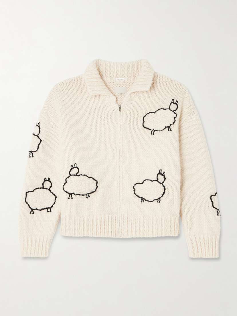 Mother The Crop Racquette Embroidered Wool And Cotton-blend Cardigan