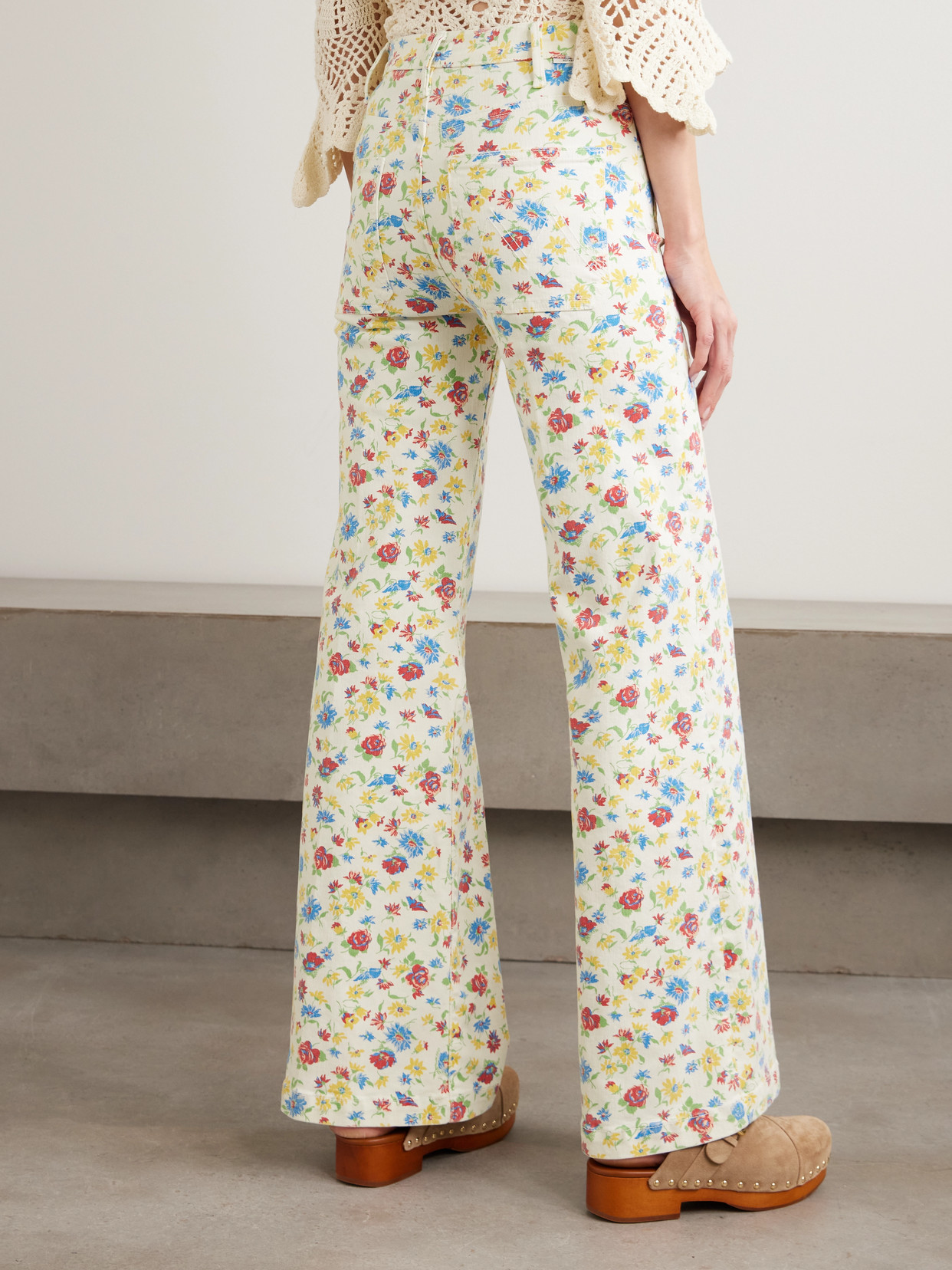 Mother Hustler Roller Patch Pocket Floral-print High-rise Bootcut Jeans In White
