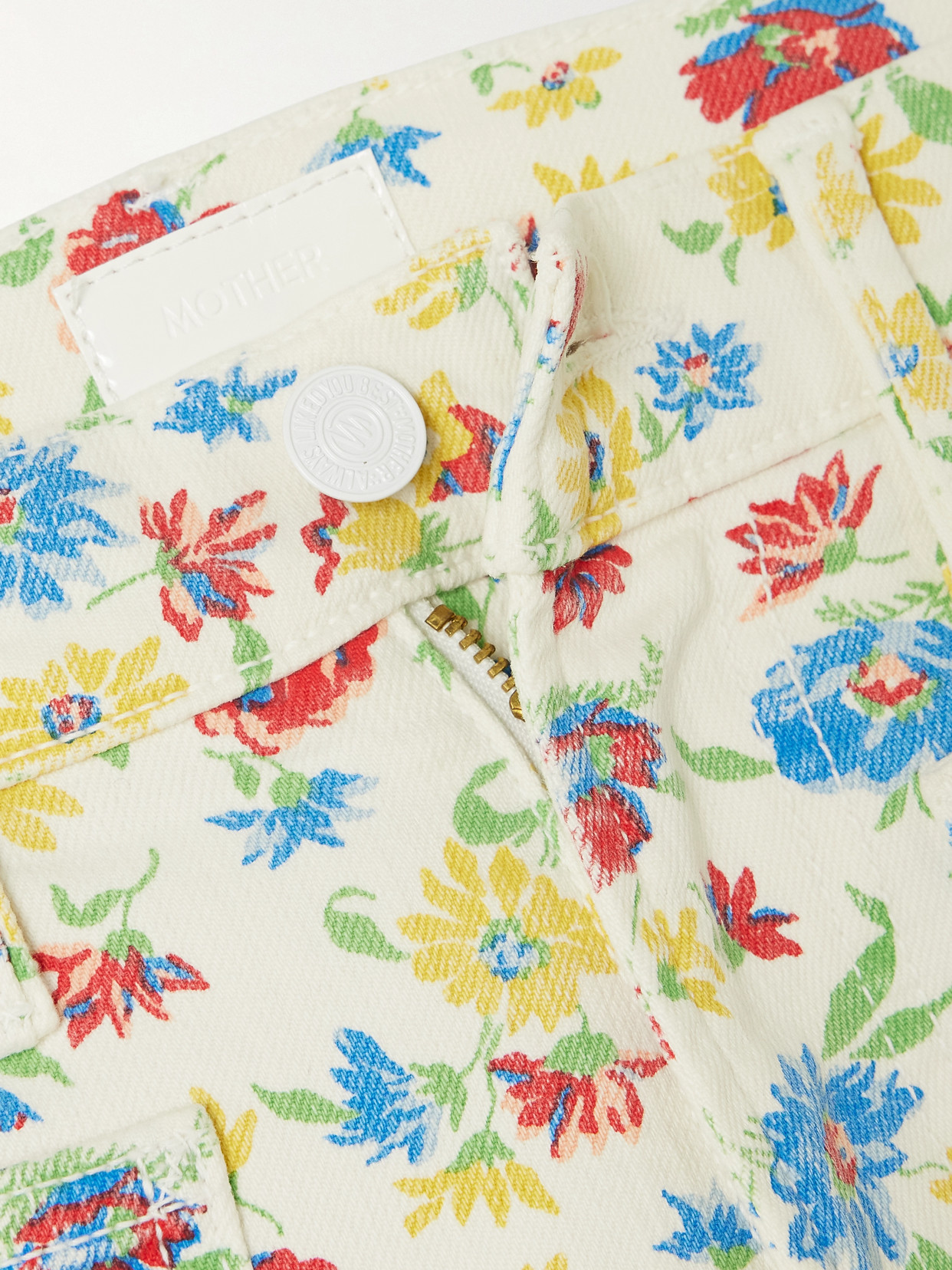 Mother Hustler Roller Patch Pocket Floral-print High-rise Bootcut Jeans In White