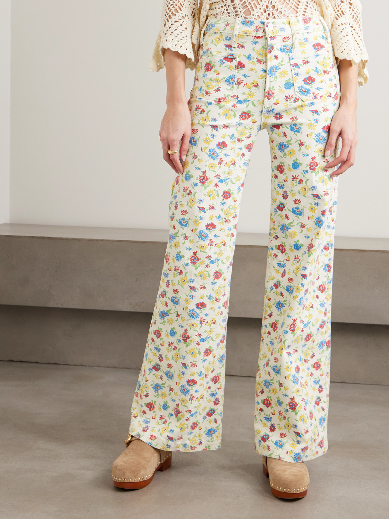 Mother Hustler Roller Patch Pocket Floral-print High-rise Bootcut Jeans In White