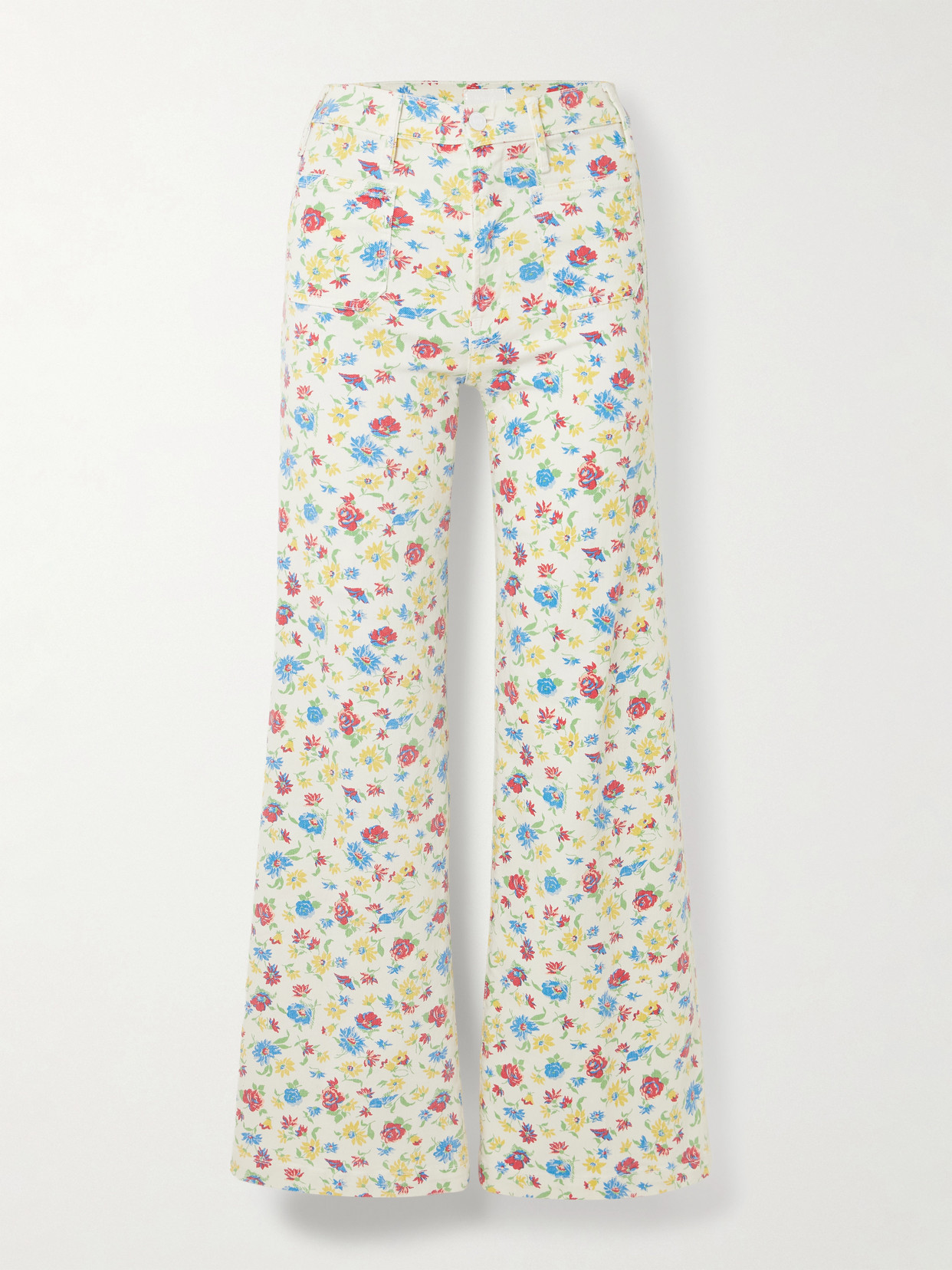 Mother Hustler Roller Patch Pocket Floral-print High-rise Bootcut Jeans In White