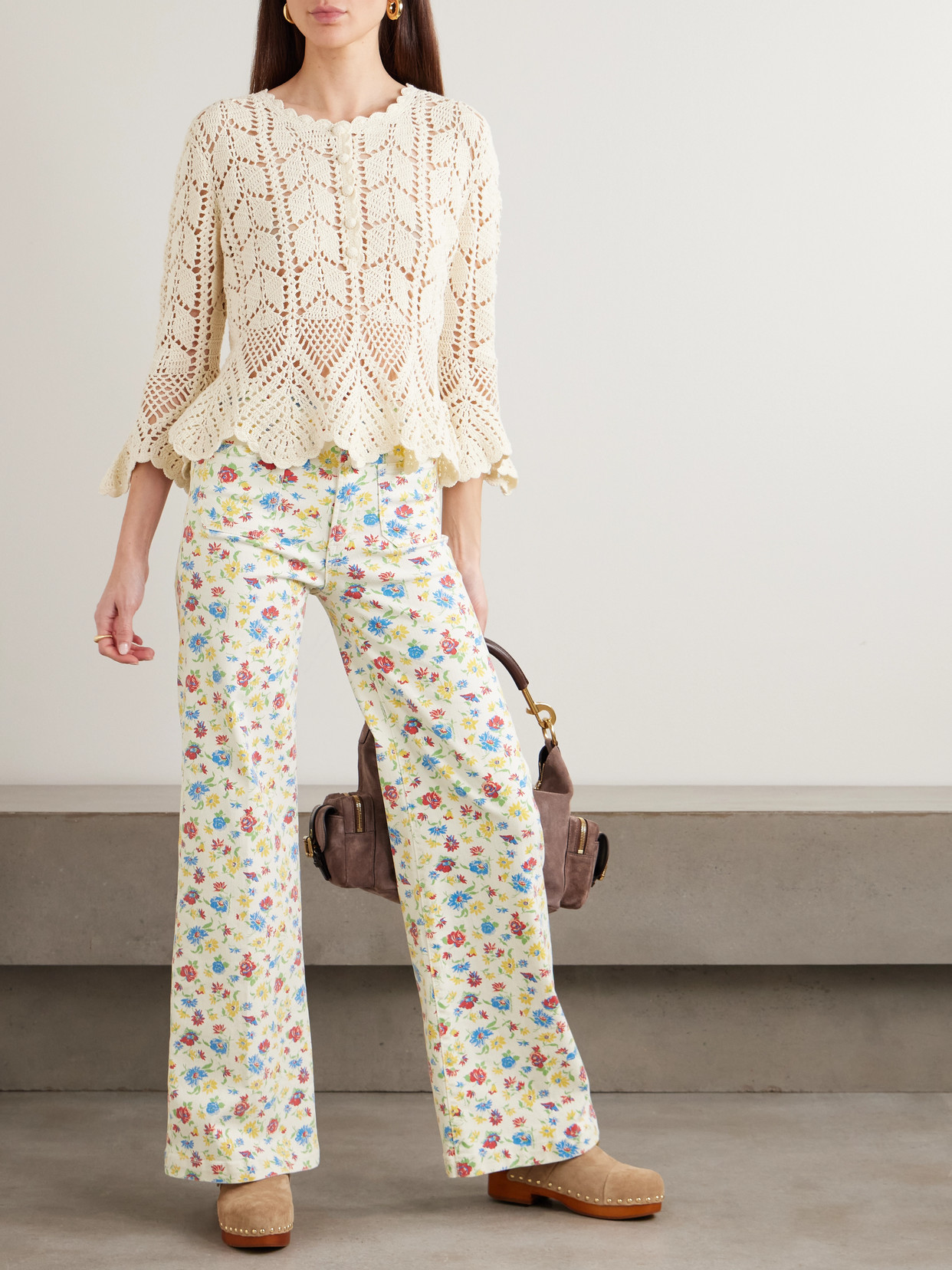 Mother Hustler Roller Patch Pocket Floral-print High-rise Bootcut Jeans In White