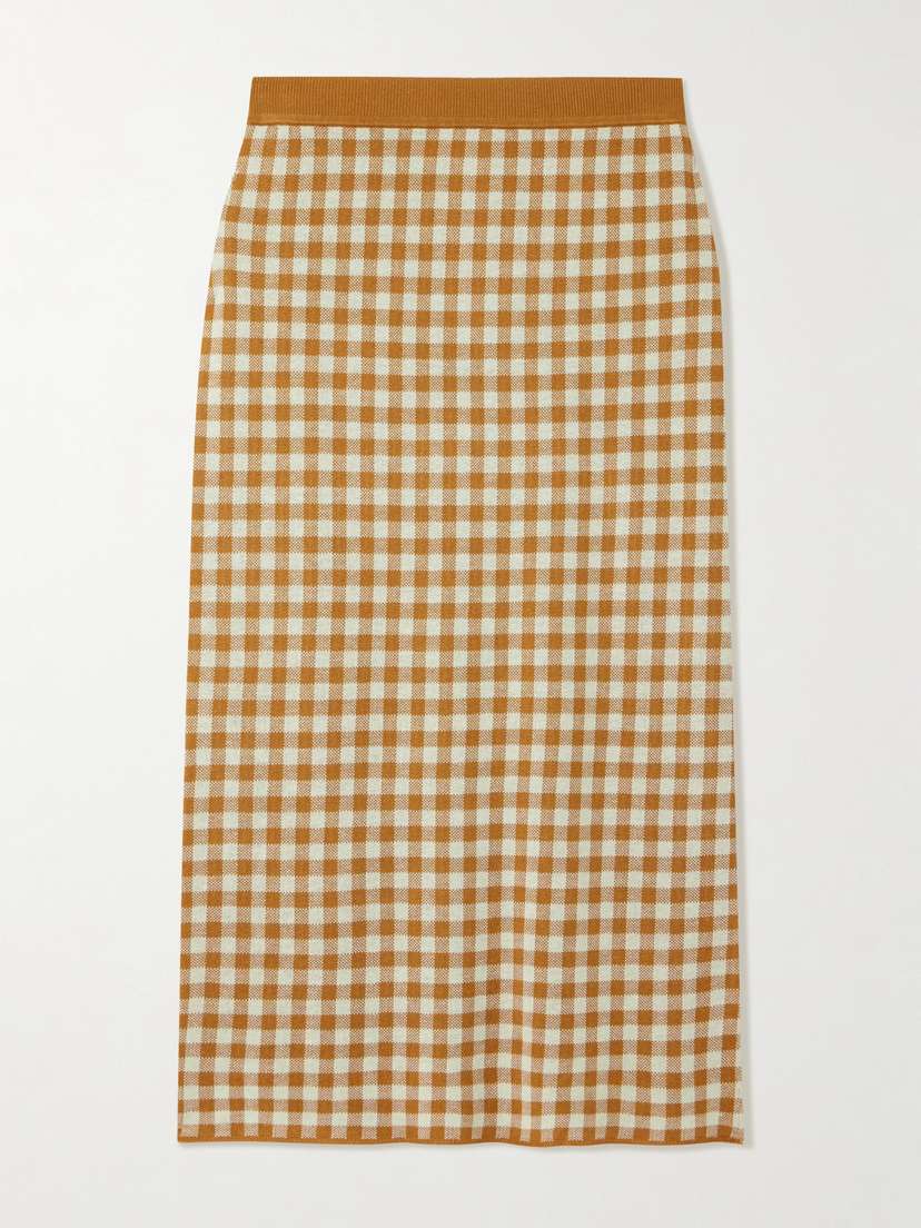 Guest In Residence Gingham Silk And Linen-blend Jacquard Midi Skirt