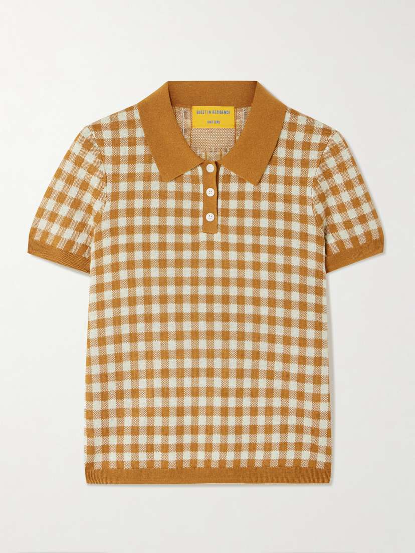 Guest In Residence Cropped Gingham Silk And Linen-blend Jacquard Polo Shirt