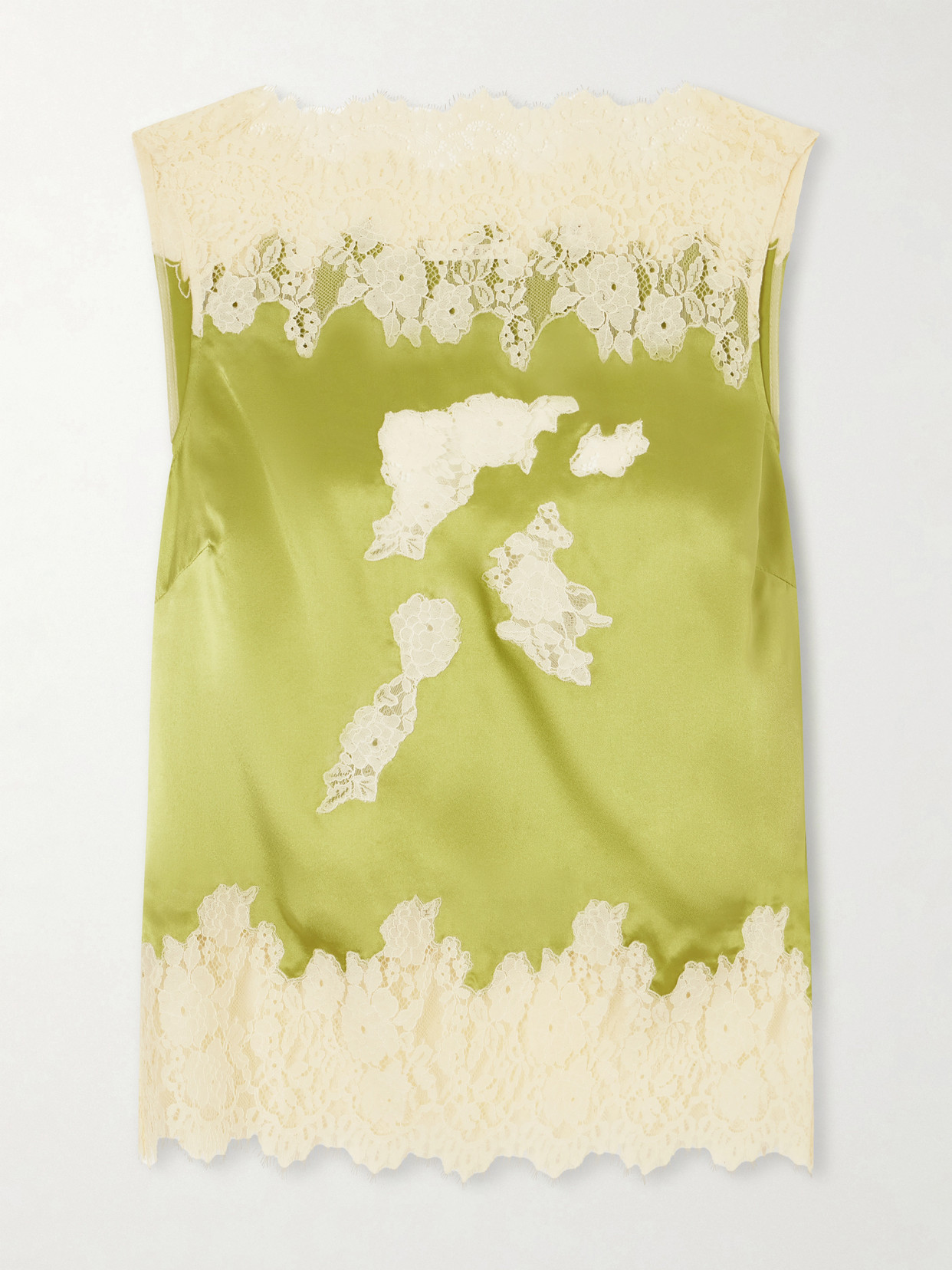 Doen Viviane Lace-trimmed Silk-satin Top In Green