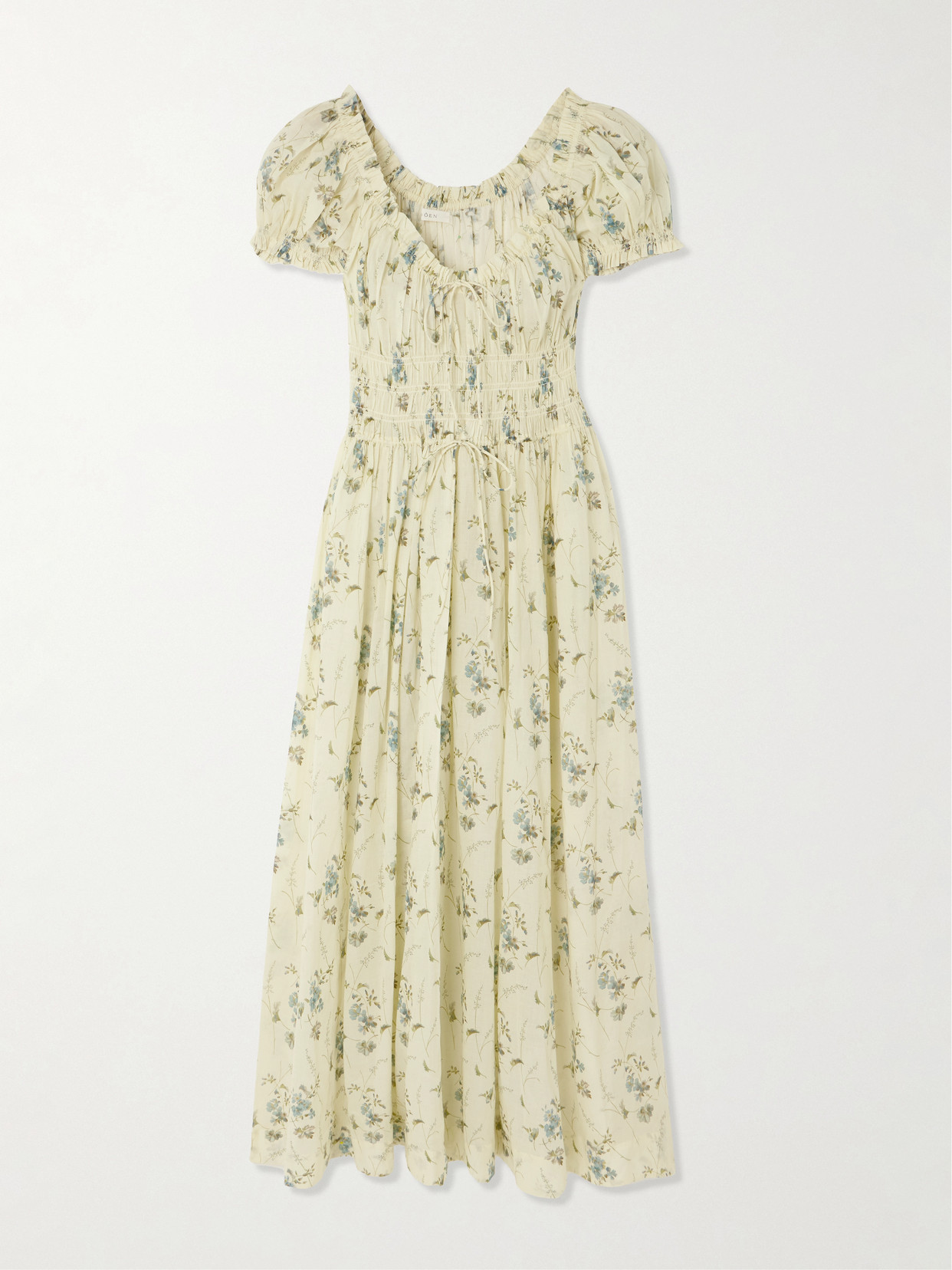 DÔEN - Ashlynn Tie-detailed Shirred Floral-print Organic Cotton-voile Midi Dress - Pastel yellow