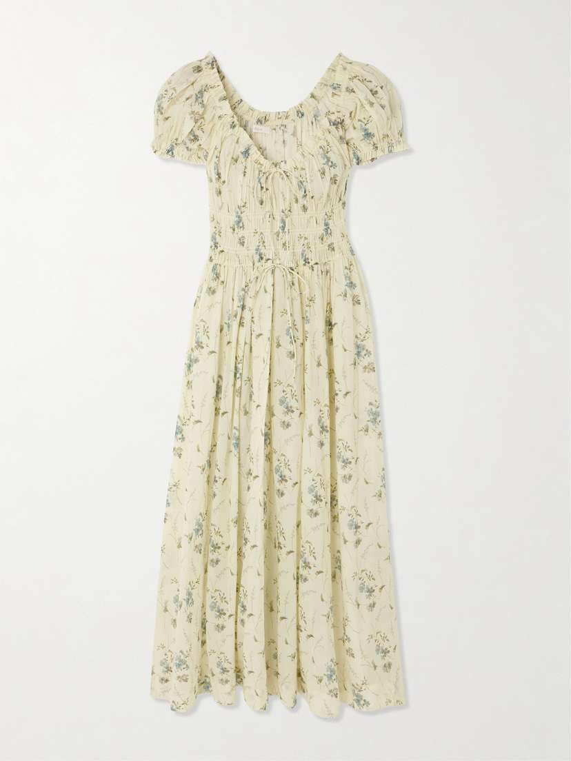 DÔEN Ashlynn Tie-detailed Shirred Floral-print Organic Cotton-voile Midi Dress