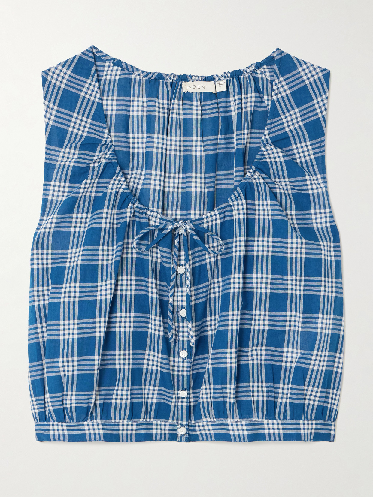 Doen Theo Cropped Checked Organic Cotton Top In Blue