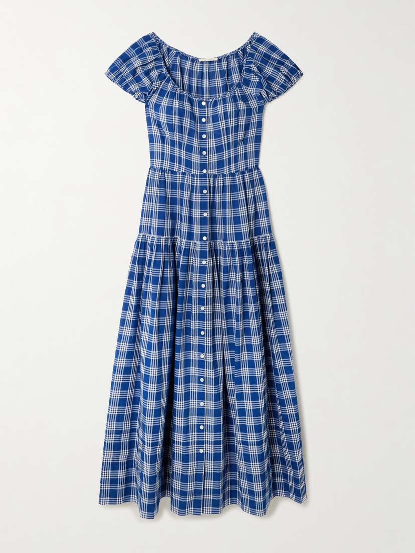 DÔEN Valenne Tiered Checked Organic Cotton Midi Dress