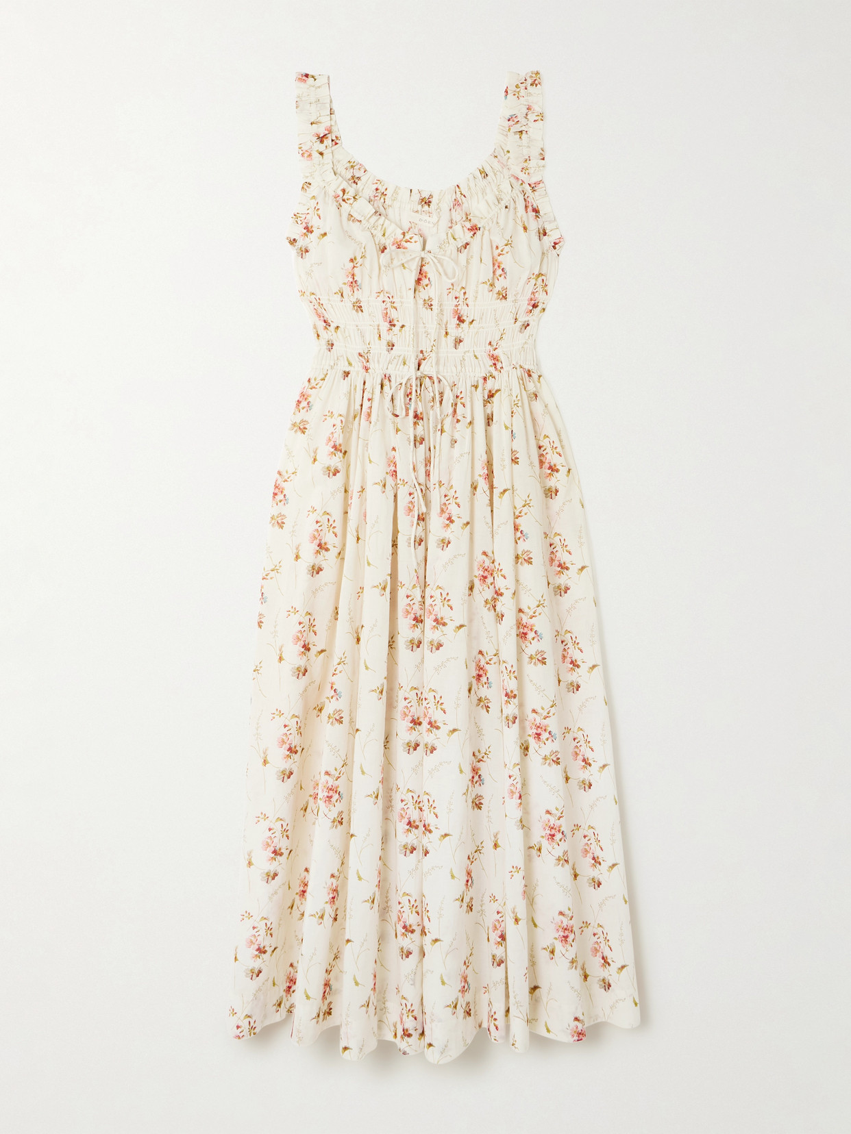 Doen Emmaretta Tie-detailed Shirred Floral-print Organic Cotton Midi Dress In Multi