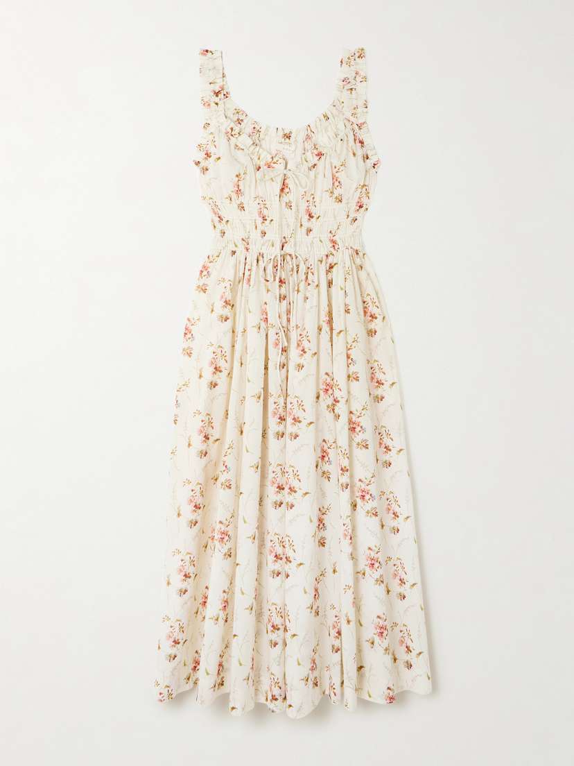 DÔEN Emmaretta Tie-detailed Shirred Floral-print Organic Cotton Midi Dress