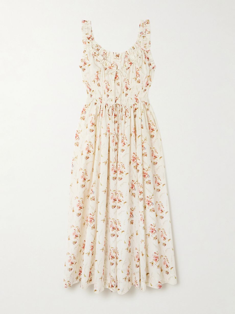 Emmaretta tie-detailed shirred floral-print organic cotton midi dress