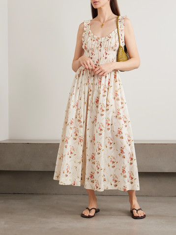 shirred striped silk-blend midi dress Ralph Lauren Striped Silk Blend Dress