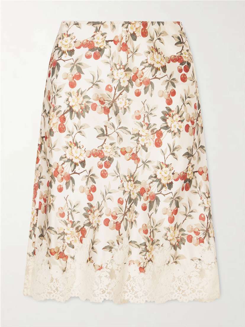 DÔEN Elowette Lace-trimmed Floral-print Silk-satin Midi Skirt
