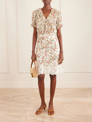 Dôen Elowette lace-trimmed floral-print silk-satin midi skirt