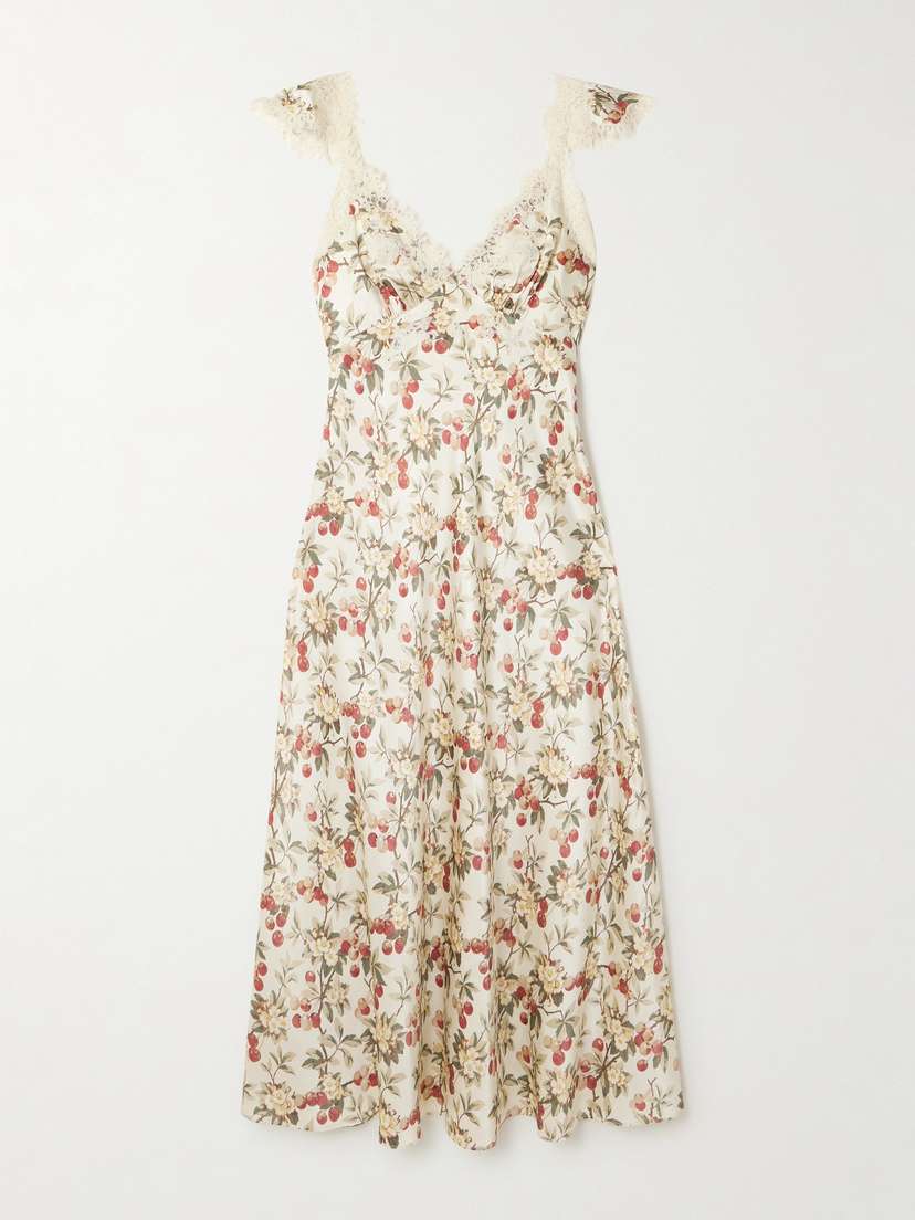 DÔEN Fiona Lace-trimmed Floral-print Silk-satin Midi Dress