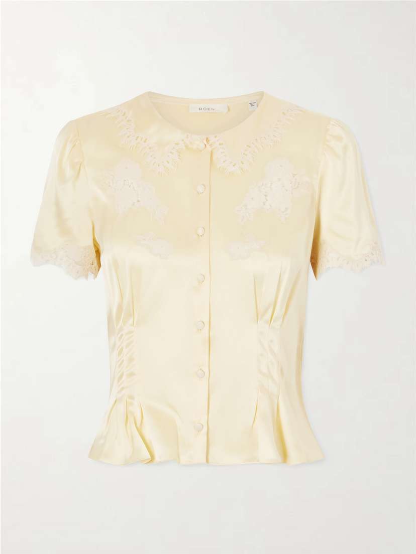 DÔEN Yvette Lace-trimmed Silk-satin Blouse