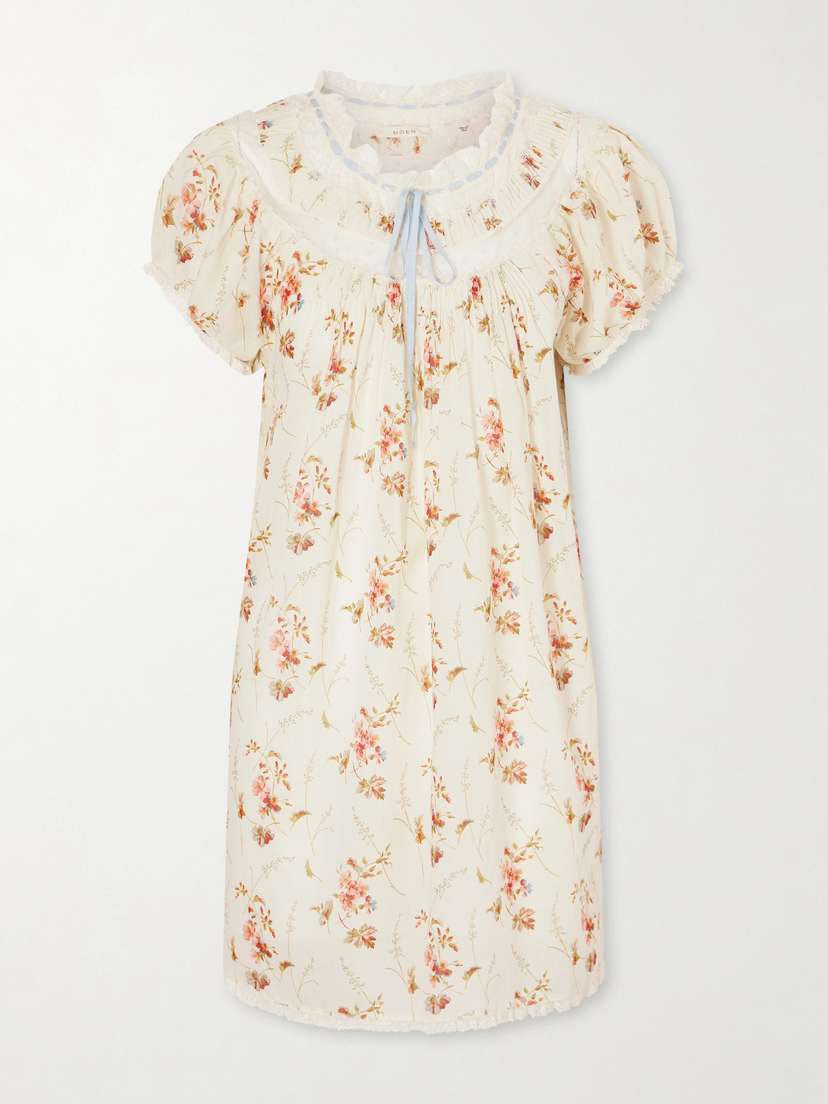 DÔEN Daphne Lace-trimmed Pintucked Floral-print Organic Cotton-voile Mini Dress