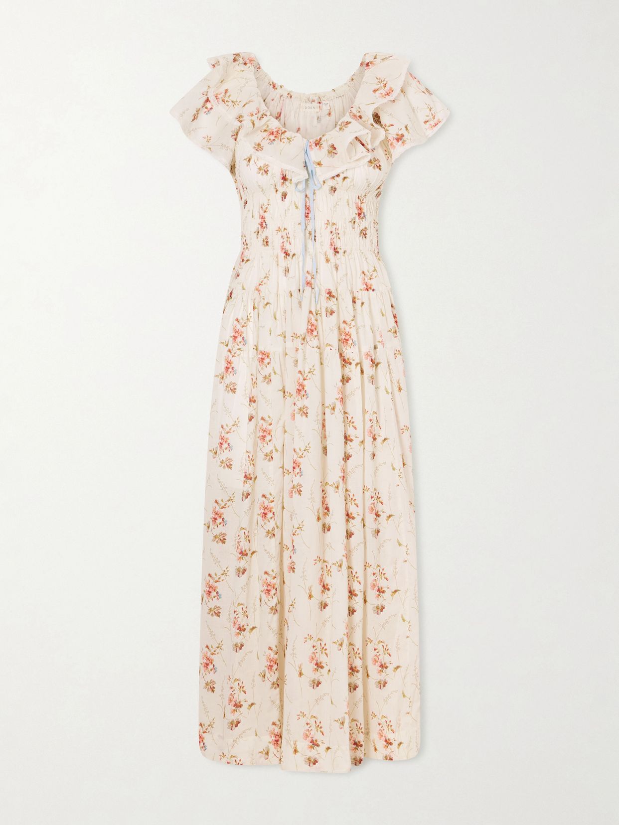 illiana lace trimmed shirred floral print organic cotton dress