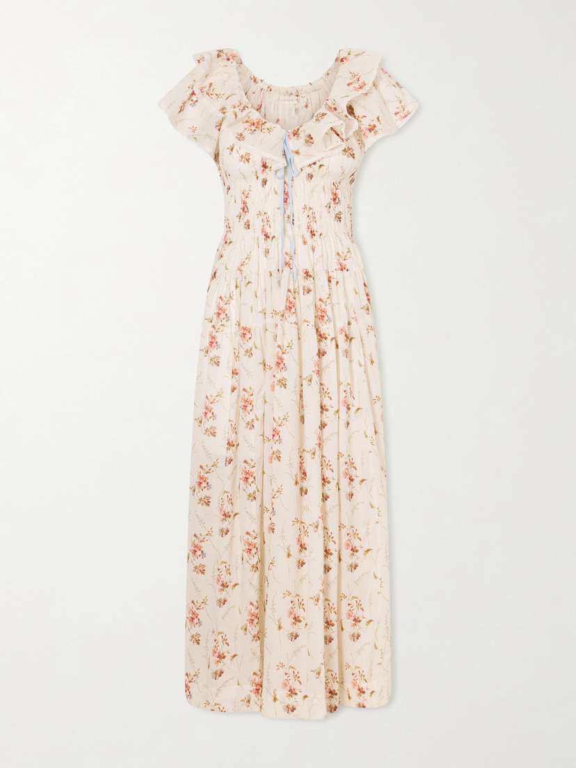DÔEN Illiana Lace-trimmed Shirred Floral-print Organic Cotton Dress