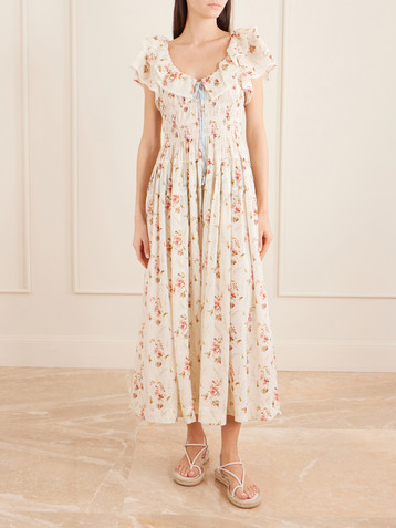 Dôen Illiana lace-trimmed shirred floral-print organic cotton dress