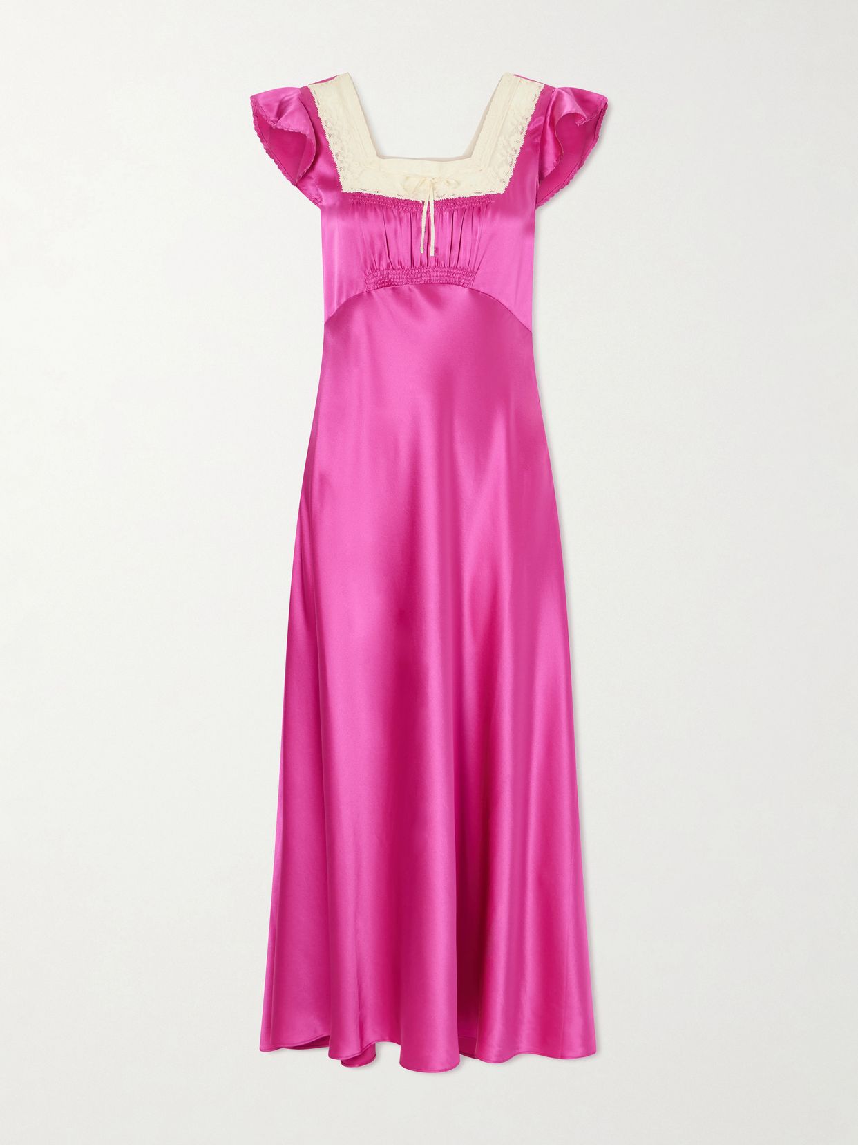 corina lace trimmed silk satin midi dress