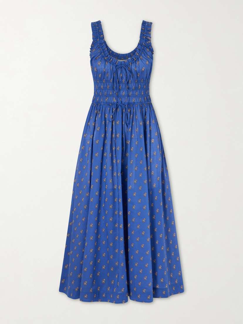 DÔEN Emmaretta Shirred Floral-print Cotton Midi Dress