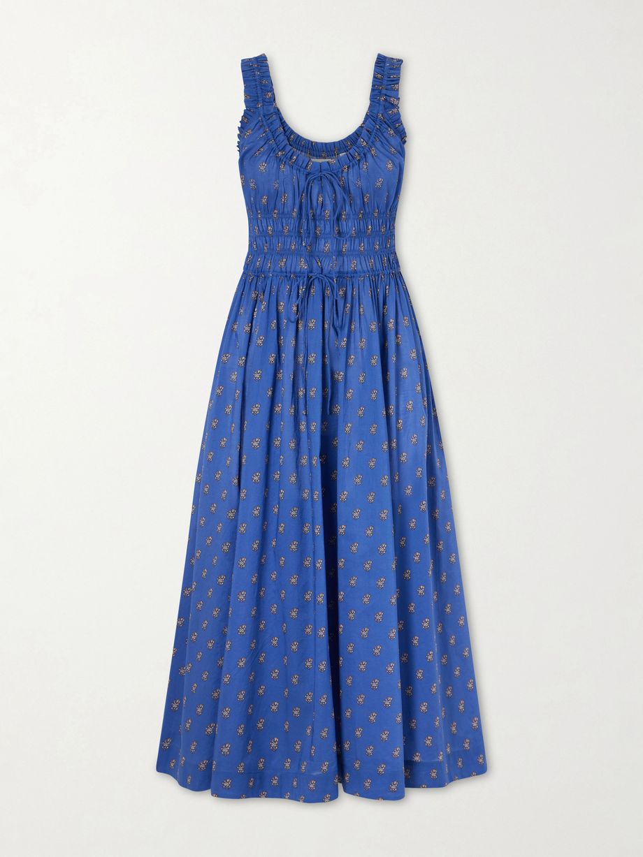 Emmaretta tie-detailed shirred floral-print organic cotton midi dress