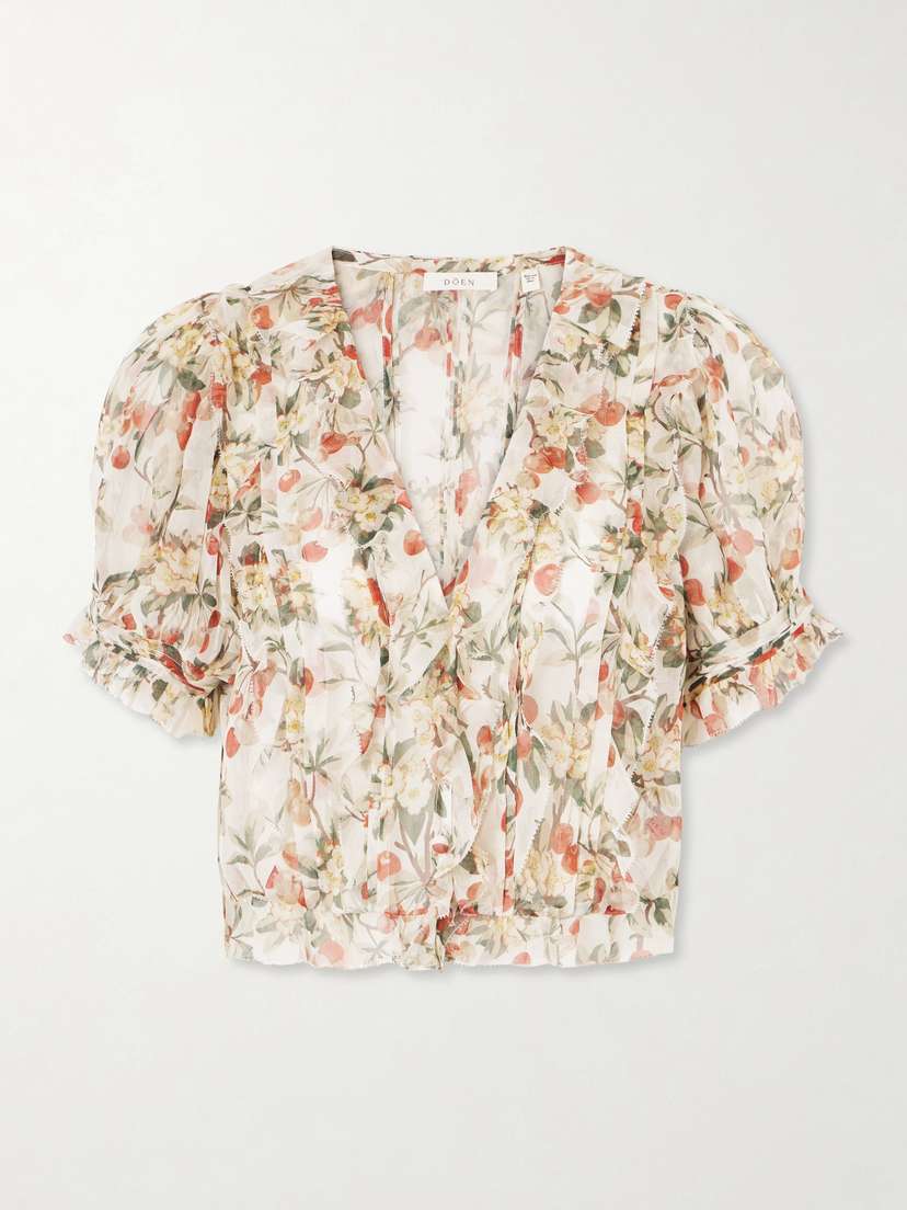 DÔEN Salona Pintucked Ruffled Floral-print Silk-georgette Blouse